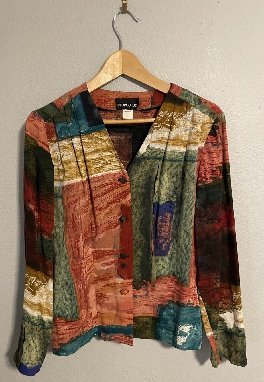 Vintage Womens Top Size 6 Colorful Mixed Media Custo Style Art to Wear Wacky 90s